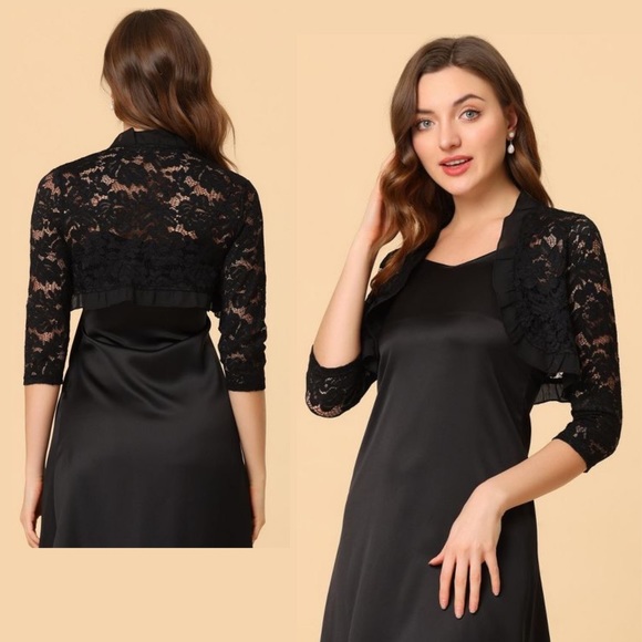 🌺 XL SHRUG LACE RUFFLE PLUS SIZE SHORT MID SHIRT COVER TOP BLACK SHEER ELEGANT - Picture 6 of 6